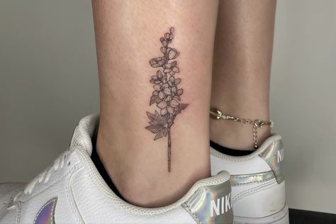 Lakespur Tattoo, July Tattoo, Larkspur Tattoo, Tattoo Ankle, Ankle Tattoo, Tattoo Inspo, Birth Flowers, Cute Tattoos, Small Tattoos