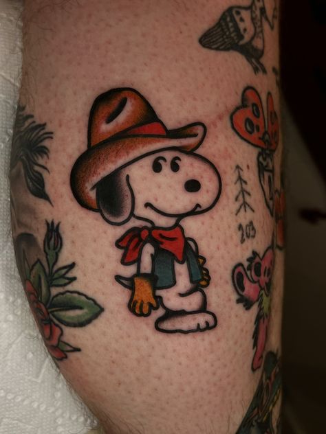 Yo Gabba Gabba Tattoo, Old Movie Tattoo, American Traditional Dachshund Tattoo, Snoopy American Traditional Tattoo, Matching Tattoos American Traditional, Cowboy Snoopy Tattoo, Snoopy Traditional Tattoo, American Traditional Disney Tattoo, Joe Cool Tattoo