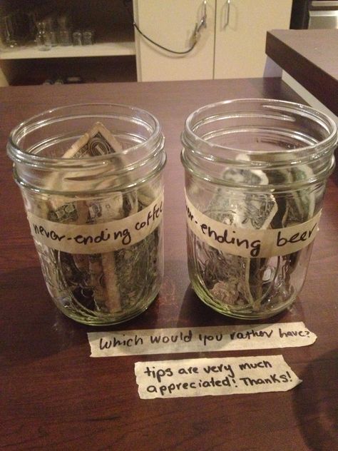 Tips Jar Ideas Funny, Tip Jar Ideas, Funny Tip Jars, Blackjack Tips, Brewery Decor, Diy Party Games, Coffee Reading, Tip Jar, Coffee Shop Bar