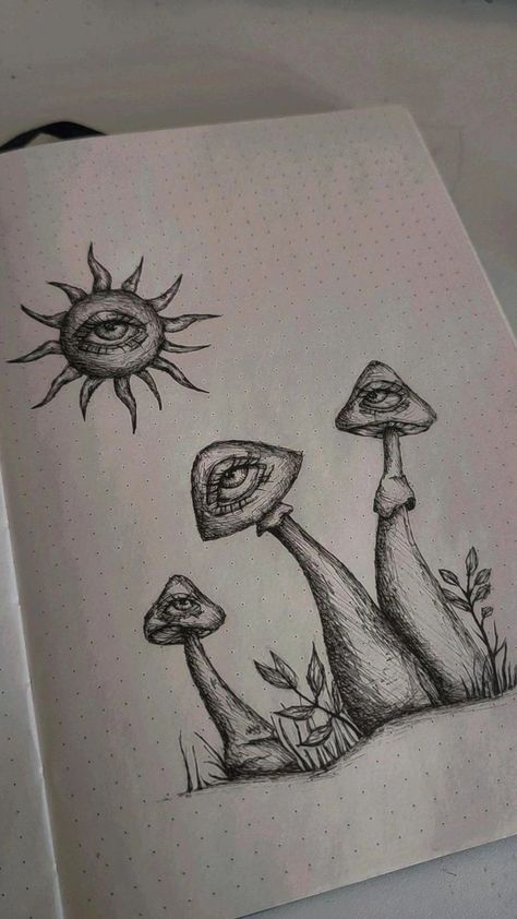 Mushroom Sketches Easy, Mushroom Aesthetic Sketch, Shaded Mushroom Drawing, Mushrooms With Eyes Drawing, Mushroom Ideas Drawing, Marker Mushroom Art, Mushroom Eyes Drawing, Trippy Sketch Ideas Pencil, Shrooms Drawings