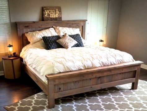 Farmhouse King Bed, Knotty Alder, Diy Bed Frame, Farmhouse Bedding, Grey Stain, Master Bedrooms Decor, King Bed, Style At Home, Diy Bed