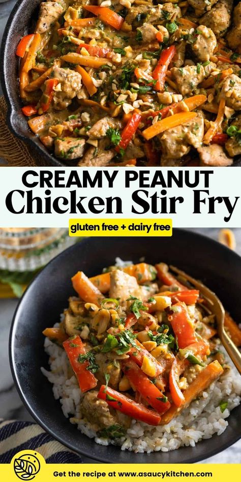 Sweet, salty, zesty, creamy, crunchy and most importantly - delicious! This Peanut Chicken Stir Fry comes together in one pan with a few easy to follow steps in no time. | Gluten Free + Dairy Free + Soy Free Option Peanut Stir Fry, Peanut Chicken Stir Fry, Dairy Free Soy Free, Peanut Chicken, Cooked Carrots, Chicken Stir Fry, Vegetable Stir Fry, Gluten Free Breakfasts, Juicy Chicken