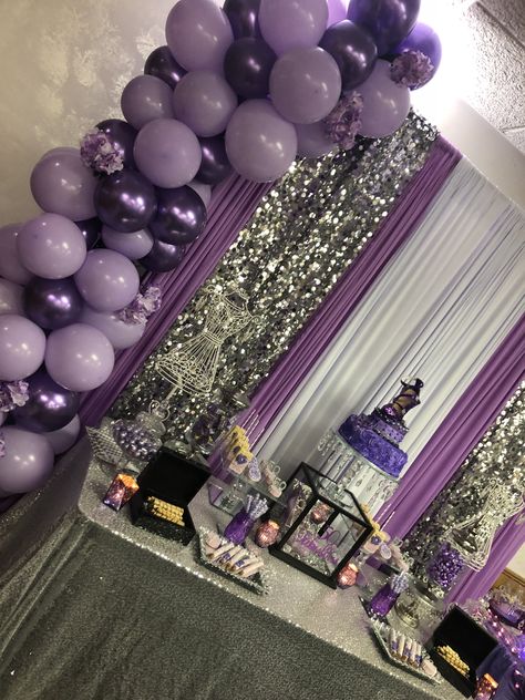 Purple and Silver 50 and fabulous theme Sweetscape  #chicago #chicagopartyplanner #ajuicyevent #balloons #party #eventplanner #sweets #props #photography #swipe  Follow us on IG & FB @aJUICYevent Purple Silver Birthday Party, Purple Black And Silver Sweet 16, Purple And Silver Retirement Party, Purple And Silver Dinner Party Decor, Purple Silver Sweet 16, Shades Of Purple Decorations, Purple Theme Party Ideas, Purple Black And Silver Graduation Party, Silver And Purple Decorations Party