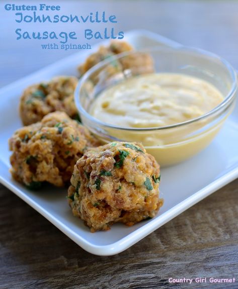 Gluten Free Johnsonville Sausage Balls with Spinach | Country Girl Gourmet Gluten Free Baking Mix, Sausage Ingredients, No Cook Appetizers, Sausage Balls, Hot Italian Sausage, Breakfast Sausage, Slow Cooker Dinner, Perfect Appetizers, Sausage Breakfast