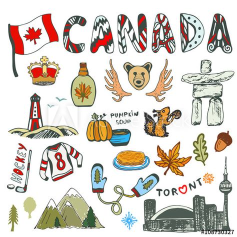 Sketch hand drawn collection of Canada symbols. Canadian culture had sketched set. Vector travel illustration with doodle lettering Bullet Journal Canada, Canada Symbols, Canadian Symbols, Geography For Kids, Canadian Culture, Doodle Lettering, Travel Illustration, Canada Day, Travel Scrapbook