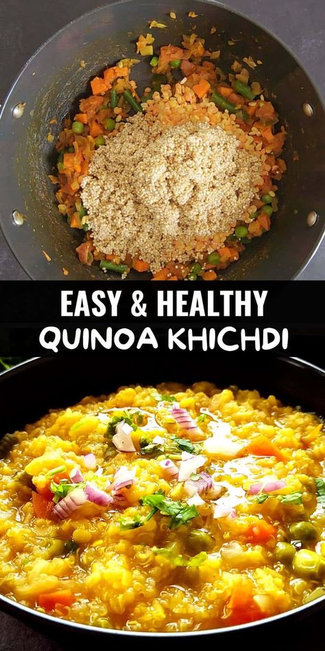 Quinoa khichdi is a delicious one-pot Indian-style quinoa recipe. It's made by cooking quinoa with lentils, vegetables, and Indian spices. This wholesome dish is vegan and gluten-free. Indian Quinoa Recipes, Khichdi Recipe Indian, Quinoa Khichdi, Quoina Recipes, Masala Khichdi, One Pot Rice Meals, Soul Recipes, Cooking Quinoa, Vegan Indian Recipes