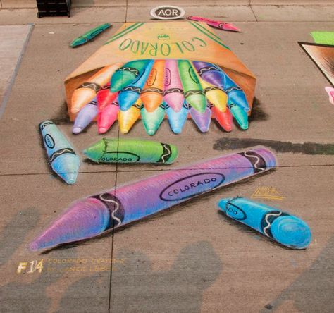 Lance Leber 3D crayons- chalk street art 3d Sidewalk Art, Chalk Artwork, 3d Chalk Street Art, Chalk Art Festival, Street Chalk Art, Chalk Festival, Fun Chalk Art, Pavement Art, 3d Chalk Art