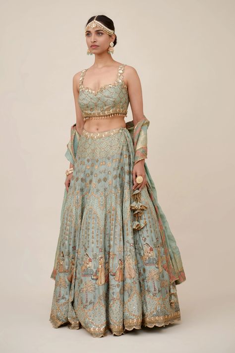 Sage Green Indian Outfit, Green Indian Outfit, Sage Green Lehenga, Crepe Lehenga, Indian Wedding Reception Outfits, Wedding Reception Outfit, Purple Lehenga, Heavy Lehenga, Reception Outfits