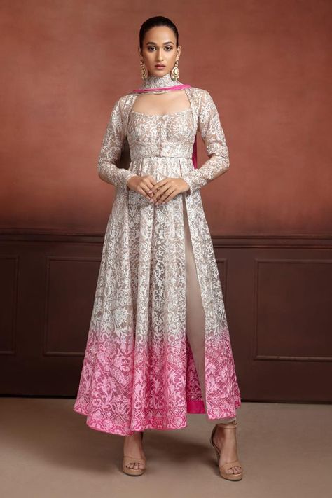 Anarkali Suits Designer Party Wear, Ombre Anarkali, Blouse Full Sleeves, Sleeveless Anarkali, Shaded Dupatta, Anarkali Suits Designer, Anarkali Designs, Organza Suits, Scoop Neck Blouse