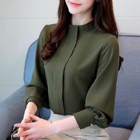 Casual Chiffon Blouse, Office Blouse, Chiffon Shirt Blouse, Stand Collar Shirt, Formal Tops, Elegante Casual, Chiffon Long Sleeve, Spring Shirts, Chiffon Shirt