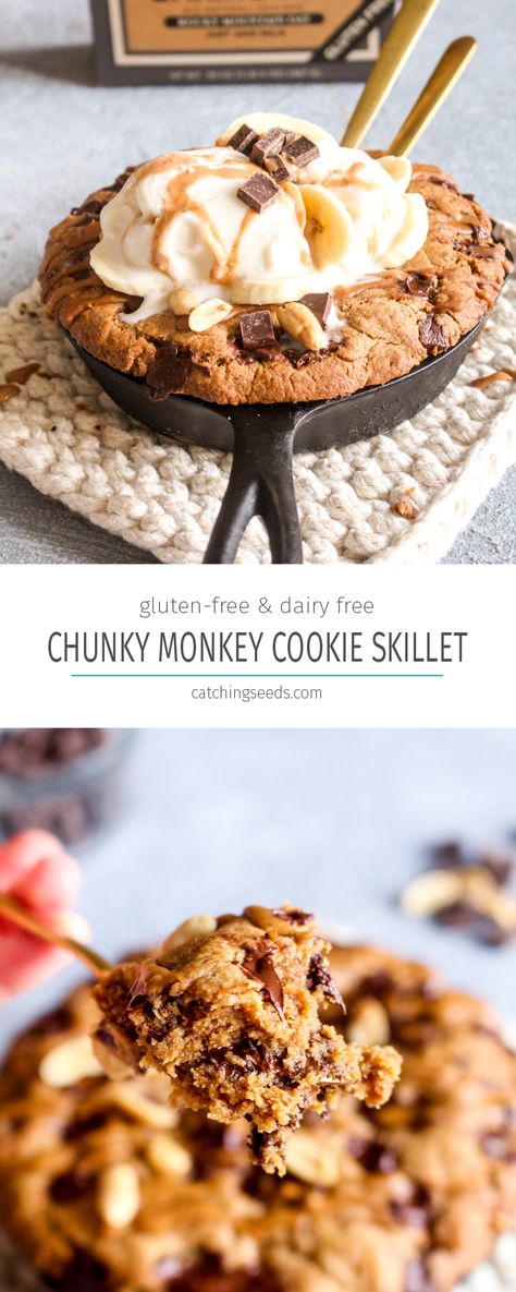 This Protein Packed Chunky Monkey Cookie Skillet recipe is full of peanut butter, banana, and chocolate flavor! This gluten free and dairy-free dessert is baked until the edges are golden and the center is like warm cookie dough. | DarnGoodVeggies.com Cookie Dough Gluten Free, Cookie Skillet Recipe, Chunky Monkey Cookies, Gluten Free Pancake Mix, Cookie Skillet, Banana And Chocolate, Veggies Recipes, Waffles Easy, Skillet Cookie