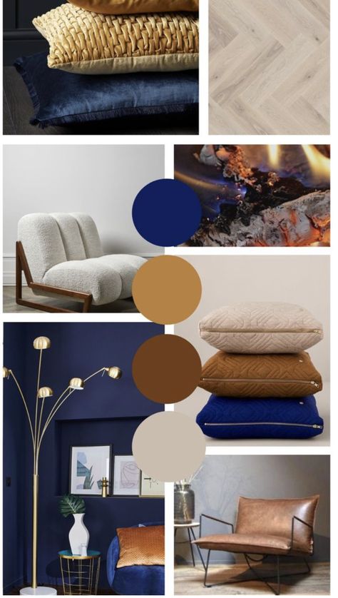 Navy And Brown Bedroom Ideas, Vintage Contemporary Decor Living Room, Navy Blue Curtains Living Room Ideas, Cobalt Blue Color Combinations, Blue Color Palette Living Room, Masculine Color Palette, Blue And Gold Living Room, Bedroom Feature Wall, Brown And Blue Living Room