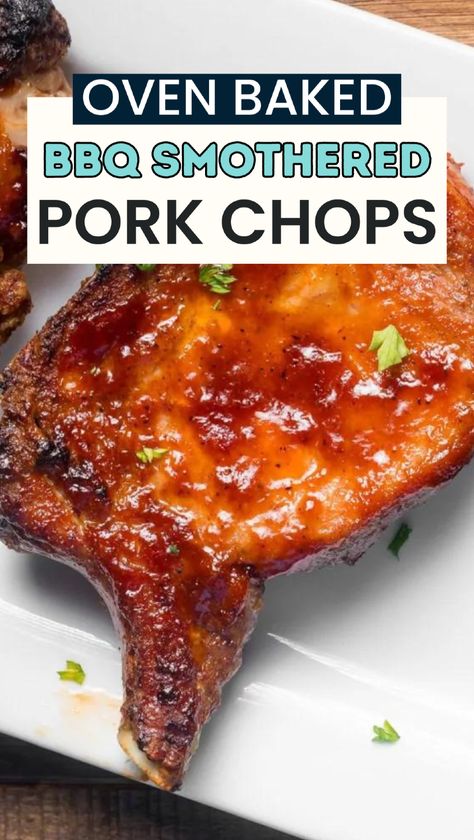 Transform your weeknight dinner with our easy oven baked BBQ pork chops. This pork chop recipe is perfect for family dinners, offering tender, juicy chops smothered in a sticky barbecue sauce. The secret to these flavorful pork chops is the broil at the end, which gives them a caramelized, slightly charred finish. Quick and simple to make, this fun easy recipe will become a favorite in your dinner rotation. Try it tonight and enjoy a delicious pork dinner! Pork Chop Baked In Oven, Easy Pork Chop Recipes In Oven, Bbq Pork Chops In Oven, Bone In Pork Chop Recipes, Pork Chop Recipes In Oven, Recipes For Pork Chops, Baked Bbq Pork Chops, Pork Chops In The Oven, Pork Chops Recipes