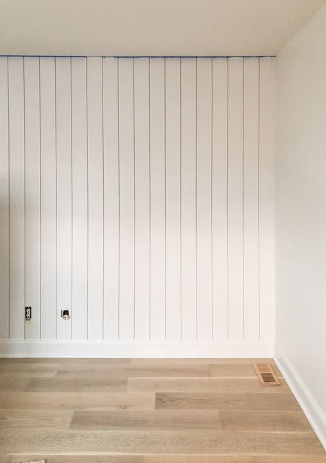 Guest Room Shiplap Wall, Vertical Shiplap Feature Wall, Vertical Shiplap Basement, Vertical Shiplap Nursery, Shiplap Sheets, Vertical Shiplap Bedroom Accent Wall, Vertical Shiplap Wall Living Room, Painted Wood Paneling Walls, Shiplap Wall White