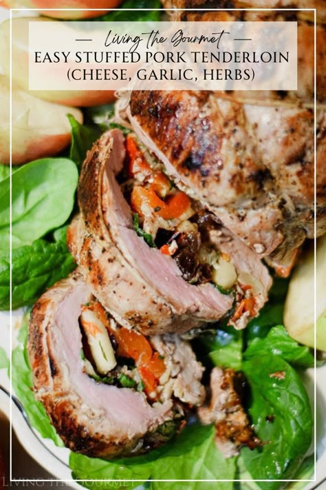 This easy Stuffed Pork Tenderloin is juicy and flavorful and perfect for fall evenings or small holiday gatherings! Stuffed Pork Tenderloin Recipes In Oven, Stuffed Pork Tenderloin Recipes, Yummy Pork Recipes, Pork Roasts, Shredded Pork Recipes, Grilled Pork Tenderloin Recipes, Roasted Pork Tenderloin Recipes, Stuffed Pork Loin, Family Meal Recipes