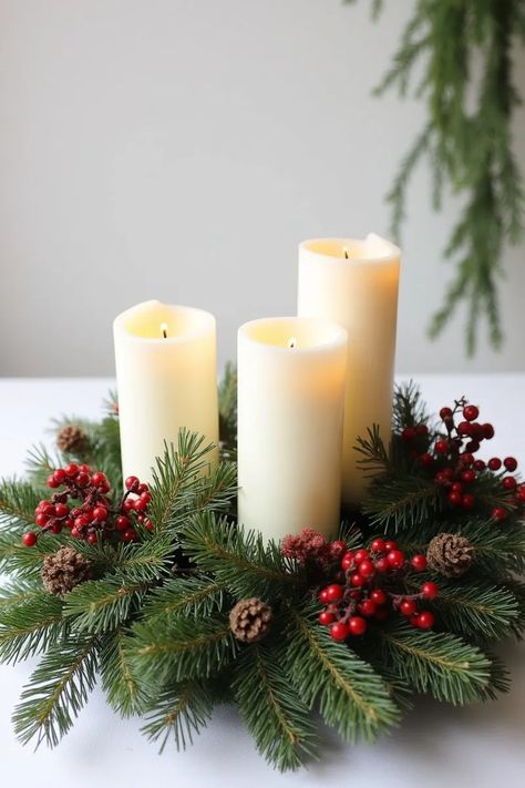 Candle Greenery Centerpiece, Amaryllis Centerpiece, Holiday Centerpieces For Tables, Tree Branch Candle Holder, Pillar Candle Centerpieces, Christmas Centerpiece Ideas, Christmas Candle Centerpiece, Floating Candle Centerpieces, Holiday Tablescape