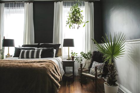 Bed Between Windows, How To Hem Curtains, Valspar Colors, Black Paint Color, Pax Wardrobe, Bedroom Refresh, Master Bedding, Kids Chairs, Black Walls