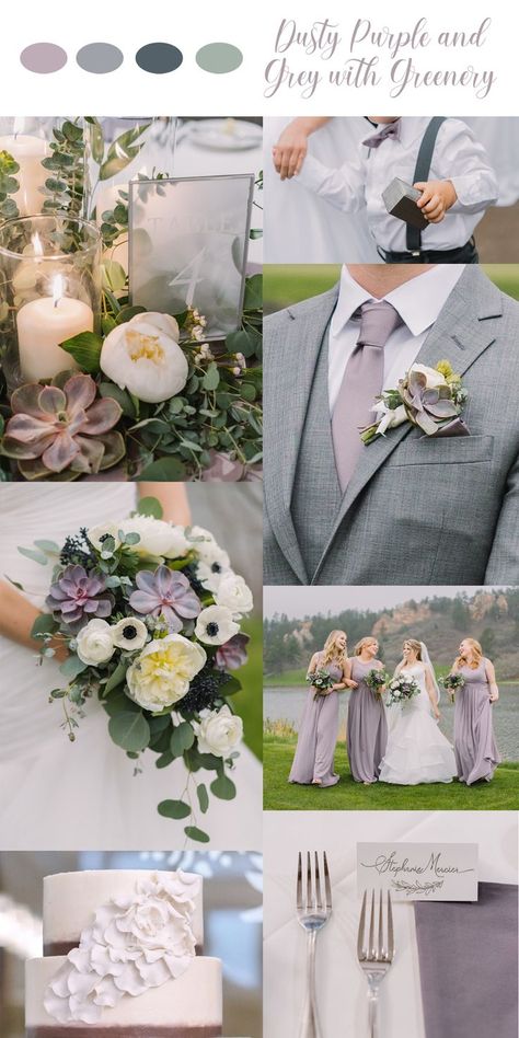 Wisteria Color Palette Wedding, Lavender Gray Wedding Theme, Grey And Plum Wedding, Purple Sage And Grey Wedding, Wisteria And Grey Wedding, Dusty Lavender And Grey Wedding, Lavender Grey Wedding Theme, Fall Wedding Colors Lilac, Lavender Sage Silver Wedding