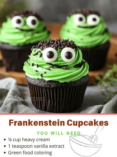 Melissa Recipes | Frankenstein Cupcakes 🎃👹 | Facebook Frankenstein Cupcakes, Frankenstein Cake, Frankenstein Face, Green Frosting, Frosting Chocolate, Candy Eyes, Chocolate Sprinkles, Green Food Coloring, Vibrant Green