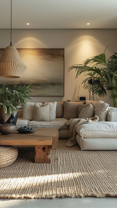 landelijke woonkamer met neutrale tinten Japandi Interior Design Living Room, Calm Living Room, Swedish Interior Design, Earthy Living Room, Cozy Living Room Design, Elegant Living Room Design, Living Room Plants, Wood Interior Design, Interior Design Rustic