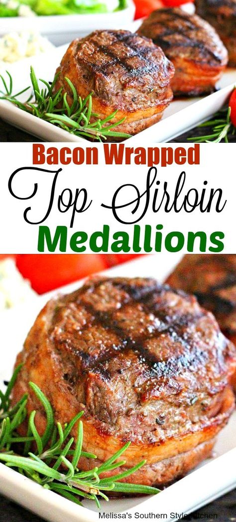 Bacon Wrapped Sirloin Steak, Steak Medallions, Top Sirloin Steak Recipe, Steak Bacon, Bacon Wrapped Tenderloin, Bacon Wrapped Steak, Bacon Wrapped Beef, Sirloin Recipes, Beef Medallions