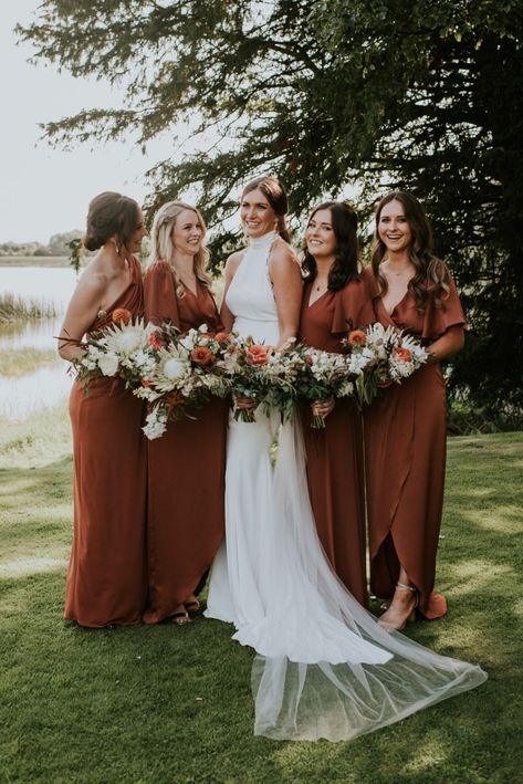 Terracotta, Copper & Rust: Burnt Orange Bridesmaid Dresses Orange Bridesmaid Dresses Mismatched, Bridesmaid Dress Shades, Burnt Orange Bridesmaid Dress, Orange Bridesmaid Dress, Georgia Mountain Wedding, Burnt Orange Bridesmaid, Shades Of Terracotta, Bridesmaid Dress Ideas, Burnt Orange Bridesmaid Dresses