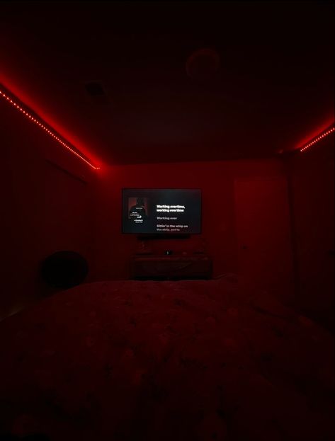 Room W Led Lights, Night Time Bedroom Aesthetic, Chilling Room Ideas, Dark Room With Led Lights, Red Led Lights Bedroom Aesthetic, Male Bedroom Aesthetic, Chill Room Ideas Bedrooms, Male Room Ideas, Clean Room Aesthetic