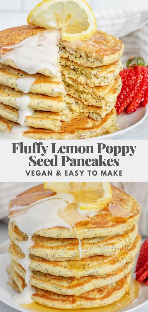 Lemon Poppy Seed Pancakes, Poppy Seed Pancakes, Lemon Breakfast, Lemon Poppyseed Pancakes, Recipes Chili, Lemon Pancakes, Vegan Pancake Recipes, Flavored Pancakes, Vegan Easter