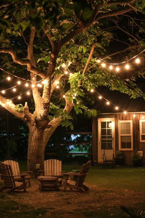 Backyard With Fairy Lights, Lights On Trees Outside Backyards, Backyard Twinkle Lights, Lights In Trees Backyard, Twinkle Lights Backyard, Outside Walkway Ideas, Diy Brick Walkway, Diy Pathway Ideas Cheap, Backyard Party Lights