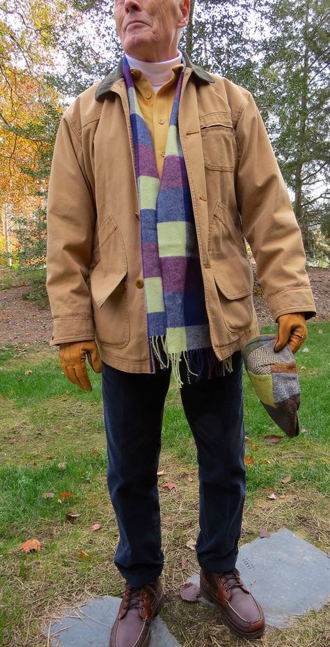 Hanna Donegal Ivy Cap, LLB field coat, LLB Chamois shirt, LE turtleneck, Johnston's of Elgin Cashmere scarf, LE narrow wale cords, Wigwam El Pine rage socks, LLB Allagash Bison leather, Shearling-lined boots. Prep Fashion, Chamois Shirt, Tweed Run, Polo Coat, Ivy Cap, Bison Leather, Ivy League Style, Field Coat, Ivy Style