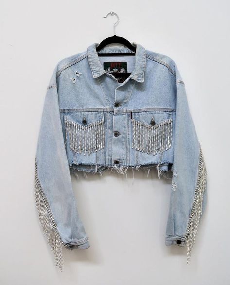 Rhinestone Jean Jacket, Rhinestone Clothes, Jean Jacket Diy, Rhinestone Outfit, Party Jacket, Hand Painted Denim, Crystal Fringe, Dripping Lips, Hand Painted Denim Jacket