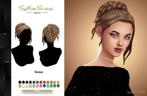 Teresa Hairstyle for Sims 4 at ModsHost! Hope you like it and enjoy it. Maxis Match Teen-elder All Maps All lods Hat compatible 24 ea swatches BGC #videogames #sims #sims4cc #gaming #hair Sims 4 Cc Elegant Hair Maxis Match, Sims 4 Elder Hair Cc, Sims 4 Cc Wedding Hair Maxis Match, Sims 4 Elegant Hair, Sims 4 Elder, Sims 4 Elegant, Feminine Hair, Sims 4 Anime, Wavy Ponytail