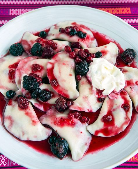 Varenyky Recipe, Recipe For Dumplings, Russian Dumplings, Dumpling Recipes, Farmer’s Cheese, Best Dumplings, Frozen Summer, Dumpling Filling, Fruit Sauce