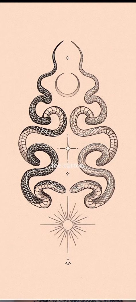 Snake Goddess Tattoo, Symmetrical Snake Back Tattoo, Dragon Serpent Tattoo, Tarot Chest Tattoo, Spiritual Snake Tattoos For Women, Sun Moon Snake Tattoo, Twin Snakes Tattoo, Cosmic Serpent Tattoo, Whimsical Snake Tattoo