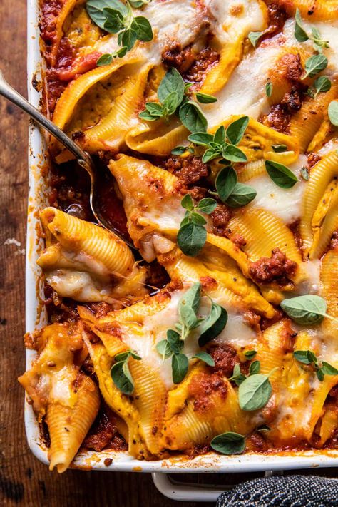 Pumpkin Cheese Stuffed Pasta Bolognese Bake | halfbakedharvest.com Fifties Housewife, Bolognese Bake, Cheese Stuffed Pasta, Pumpkin Pasta Bake, Autumn Pasta Recipes, Fall Pasta, Half Baked Harvest Recipes, Fall Pumpkin Patch, Stuffed Pasta