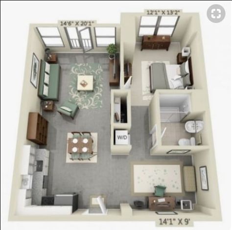 Mother-in-Law Suites: Ideas, Types, Prices, and Questions To Ask - Women.com 400 Sqft Apartment, 1 Bedroom Apartment Floor Plan With Office, 1 Bedroom With Office Floor Plan, 1 Bedroom Layout Floor Plans, Upstairs Garage Apartment Layout, Apartment Layout With Office, Studio Apartment Layout With Desk, 500sqft House Floor Plans, Studio Apartment With Office