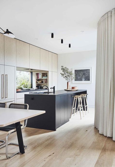 **Kitchen** [Dekton] tops the island bench while the joinery matches that of the living room. Grande European oak engineered-timber boards from [Precision Flooring] are used throughout. Dowel bar stools designed by [Mr Fräg](. Artwork by [Michelle Elski] Kitchen Island Bench, Timber Battens, Island Bench, Designer Bar Stools, Classic Kitchen, Contemporary Kitchen Design, Kitchen Benches, Coastal Kitchen, Kitchen Farmhouse