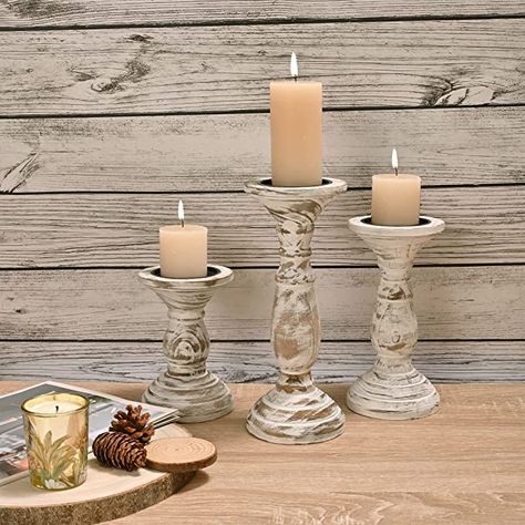 Candle Holder Set of 3 Whitrewash decor Rustic Wood Candle Holders, Farmhouse Candle Holders, Room Table Decor, Romantic Candle Light Dinner, White Candle Holders, Farmhouse Candles, Tall Candle Holders, Pillar Candle Holder, Dining Room Table Decor