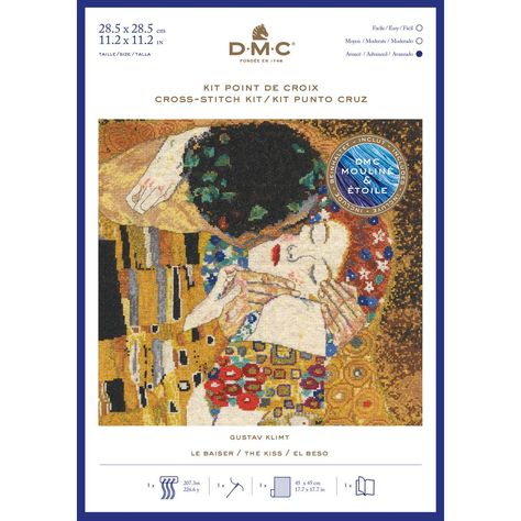 Recreate a masterpiece with this DMC The Kiss Cross Stitch Kit! An advanced kit, you can stitch Gustav Klimt's renowned piece of modern art for a handmade design that will be a joy for experienced embroiderers. Display your completed cross stitch in your home, or perhaps give it to a loved one as a gift.Everything you need is included in the kit. You'll have aida canvas (6 pts/ cm), threads, a needle and instructions. It'll be a great project for expanding your cross stitch collection, with an i The Kiss Cross Stitch Pattern, Sewing Times, Kids Painting Crafts, The Kiss (klimt), Knitting Fashion, Cross Stitch Supplies, Needle Felting Kits, Embroidery Cross Stitch, Stitch Ideas