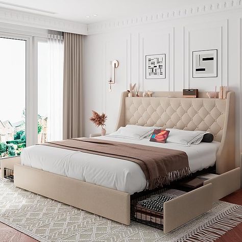 Beige queen bed frame 4 storage drawers King Headboard With Storage, Small Farmhouse Bedroom, Headboard With Storage, Low Profile Bed Frame, Tidy Bedroom, Storage Headboard, Bed Platform, Full Bed Frame, King Size Bed Frame