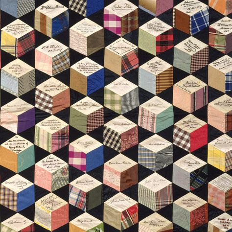 Adeline Harris Sears: Autograph quilt (1996.4) | Heilbrunn Timeline of Art History | The Metropolitan Museum of Art Autograph Quilt, Tumbling Blocks Pattern, Tumbling Blocks Quilt, Tumbling Blocks, 3d Quilts, 3d Figures, Wedding Quilt, Signature Quilts, Hexagon Quilt