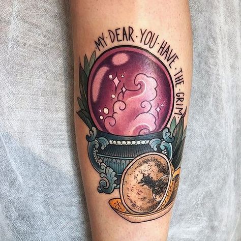 Neo traditional Harry Potter inspired tattoo done by @kittydearest | www.otziapp.com Crystal Ball Tattoo, Harry Potter Tattoo Sleeve, Harry Potter Sleeve, Halloween Tattoo Ideas, Hp Tattoo, Potter Tattoo, Traditional Tattoo Sleeve, Witch Tattoo, Harry Potter Tattoos