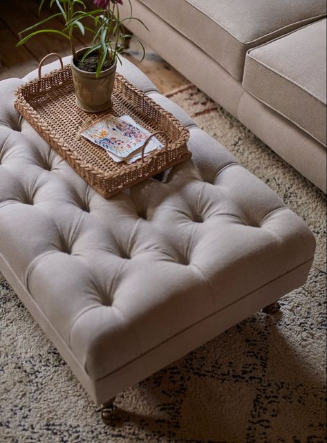 Upholstered Coffee Tables, Ottoman Coffee Table, Farmhouse Furniture, Ticking Stripe, Kitchen Mirror, Long Day, Furniture Upholstery, Grey Velvet, Gray Linen