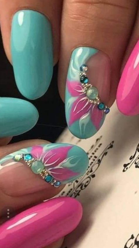 # Turquoise & Pink Nails Nail Designs Valentines, Pretty Nail Art, Acrylic Nail Art, Floral Nails, Fancy Nails, Nail Arts, Best Acrylic Nails, Valentine's Day Nails, Valentines Nails