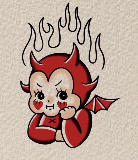 Kewpie With Tattoos, Pink Tattoo Traditional, Feminine Tattoo Flash, Vintage Cartoon Tattoo, Kewpie Halloween, Old School Drawings, Cupid Art, Kewpie Tattoo, Devil Cartoon