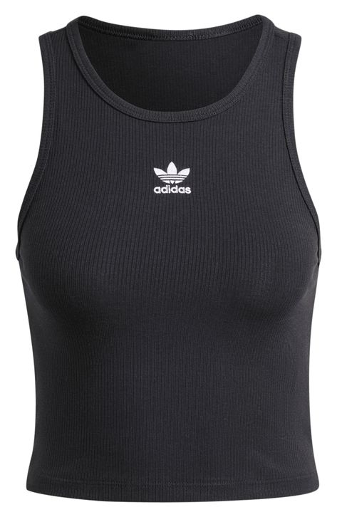 A center embroidered Trefoil logo adds heritage adidas styling to a sporty ribbed tank cut from a stretchy cotton blend. Crewneck Sleeveless, with cutaway shoulders 46% cotton, 45% viscose, 9% elastane Machine wash, line dry Imported Adidas Crop Top, Summer Wardrobe Essentials, Crop Tank Top, Sports Blazer, Made Clothing, Ribbed Tank, Toddler Girl Outfits, Comfortable Dress, Jean Shirts