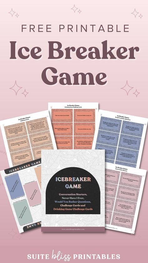 Get your free printable of this small group ice breaker game on the blog! Small group ice breaker games make the best team ice breaker games for the office AND for dinner parties with your friends. I’ve created a selection of categories: conversation starters, would you rather questions, never have I ever question, challenge cards, and optional drinking challenge cards. #printablegames #icebreakergames Good Ice Breaker Questions, Ice Breaker Games For Adults Christian, Easy Ice Breakers, Small Group Ice Breakers, Team Ice Breakers, Adult Ice Breakers, Group Ice Breaker Games, Ice Breaker Bingo, Ice Breaker Activities