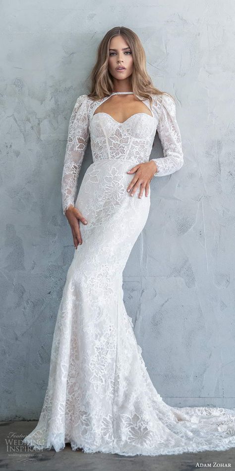 adam zohar fall 2020 bridal strapless sweetheart corset bodice fully embellished sheath lace wedding dress long sleeve jacket chapel train (3) mv -- Adam Zohar Fall 2020 Wedding Dresses | Wedding Inspirasi #wedding #weddings #bridal #weddingdress #weddingdresses #bride #fashion #collection:Kai #label:AdamZohar #season:Fall/Winter #week:432019 #year:2020 ~ Lace Wedding Jacket Long Sleeve, Blue Mermaid Wedding Dress, Sheath Lace Wedding Dress, Lace Wedding Dress Long Sleeve, Wedding Dresses Ideas, Sweetheart Corset, Wedding Inspirasi, Bride Fashion, Flare Gown