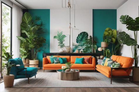 Living room interior in bright tones with fashionable furniture and tropical green plants. stock photography Green Plants, Living Room Interior, Room Interior, Stock Photography, Stock Photos, Living Room, Green, Plants, Furniture