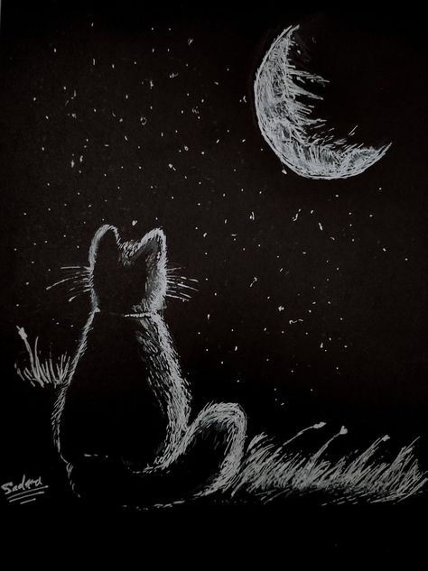 Dark Lonely Paintings, Lonely Paintings, Road Drawing, Shading Drawing, Cats Art Drawing, New Drawing, Cat Doodle, Cat Anime, Character Animation